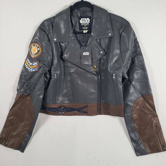 Star Wars Jackets & Blazers - STAR WARS Moto Jacket Faux Leather Patches Gray Brown Sz XL